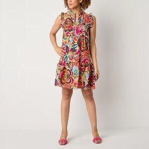 MAIA NWOT Vibrant Abstract Floral Print Ruffle Sleeve Drop Waist Bohemian Dress